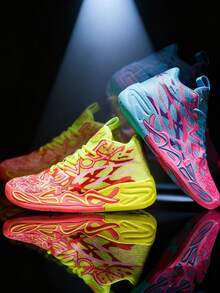 Couple Matching Basketball Sneakers, Camouflage Asymmetrical Painted Uneven Colorful Casual Sports Shoes For Teenagers And Students, Durable Non-Slip Sole, Breathable And Comfortable - Red - View 3