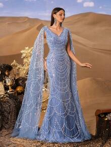 Faeriesty 女士串珠短袖鱼尾连衣裙，采用透视网纱、精致刺绣和V领设计，适合晚宴、婚礼、正式奢华活动和红毯场合。 - 霧霾藍 - 查看 7