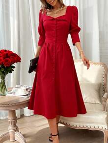 فستان أحمر للنساء، فستان أنيق فرنسي رومانسي مع عقدة على الخصر، مناسب للارتداء اليومي، المواعيد، المناسبات، العشاء الرسمي، رأس السنة، موسم الخريف/الشتاء