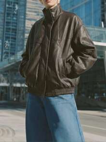 OUTTA BOX 超大拉链口袋长袖翻领PU纯色女士休闲外套，时尚优雅的爸爸风，适合居家、聚会、日常穿着，春、秋、冬、情人节皆宜。 - 摩卡棕 - 查看 2