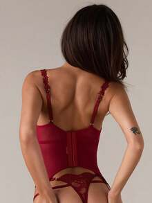 SHEIN BAE 4pcs Set Women Lace Contrast Mesh Padded Sexy Lingerie Set For Going Out