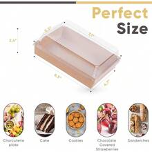 50 piezas Juego de cajas de papel para charcutería de 7x5 pulgadas con tapas transparentes - Cajas apilables y portátiles para regalos de postres y aperitivos, suministros para fiestas - 50 Marrón - Ver 2