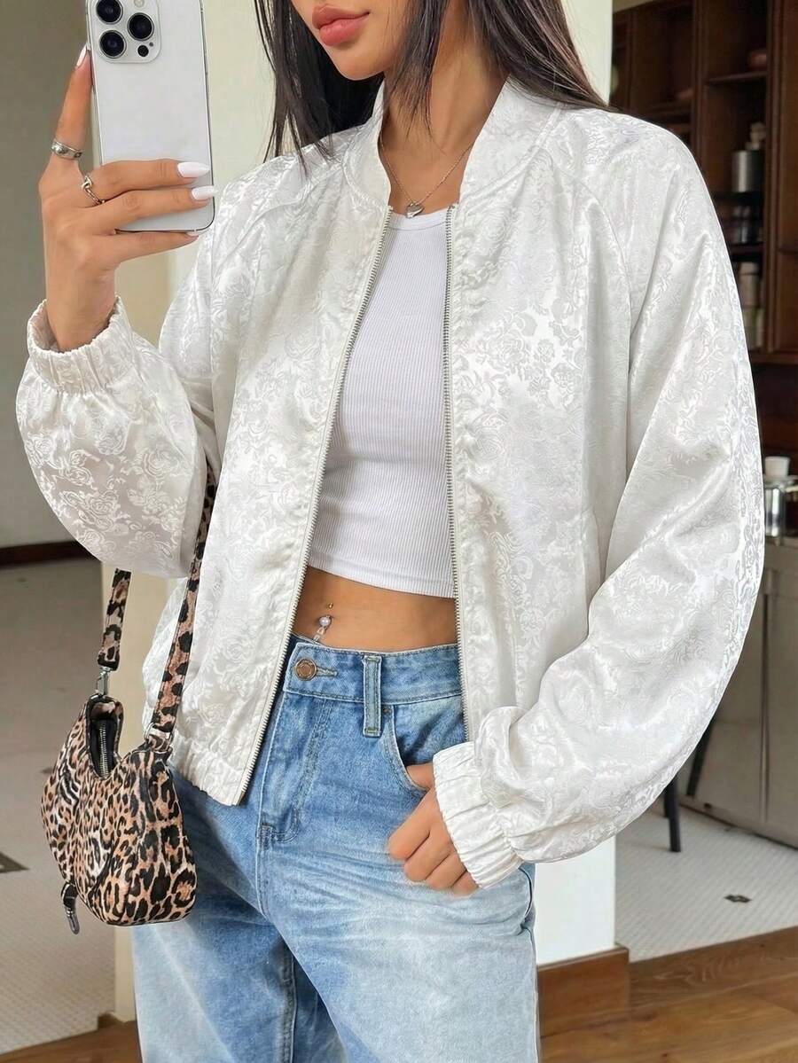 1pc Fashionable & Elegant Women's Floral Jacquard Zip-Up Bomber Jacket, Suitable For Casual Wear, Vacation, Holiday, Commute, Sports, All Season Spring/Autumn - White - View 1