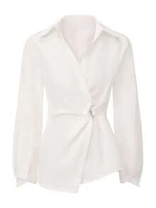ARA CHIC Women's White French Style Long Sleeve Blouse, Metal Buttons, Irregular Lapel, Fashionable Pleats, Waist Cinching Design, Casual Top, Suitable For Vacation And Party Wear, 2026 Spring/Summer New Arrival - White - View 6
