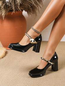 2.5" Platform Chunky Heel Mary Jane Pumps, Round Toe, Solid Color, New 2025 Collection - Black - View 4