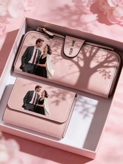 2pcs Personalized Photo Women's Wallet - Laser Engraved Custom Design, Zipper Closure, Multiple Card Slots & Cash Compartment, High Quality, Multiple Colors Available - Perfect Gift For Friends, Mothers, Wives - Valentine's Day Gift