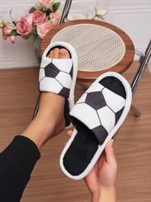 新款男士几何图案足球元素露趾拖鞋，平底套脚时尚凉鞋，四季皆宜 - 黑與白 - 查看 5