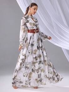 长款阿拉伯风格梭织面料连衣裙，钥匙孔领口，常规长袖，多层荷叶边下摆 - 彩色 - 查看 6