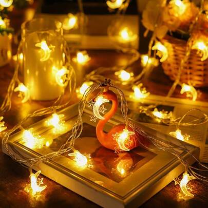 1pc Warm Light 3 Meters Star & Moon String Lights, Indoor Holiday Decor Lights - Ramadan Crescent Moon Decor String Lights, Ramadan Home Festival Decoration. Battery Powered (Batteries Not Included), Suitable For Living Room/Bedroom, Christmas, Thanksgiving And Ramadan Decor Party Atmosphere