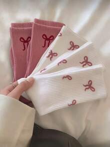 5双随机白色和粉色蝴蝶结装饰中筒袜，女士礼物，休闲，工作，情人节，斋月 - 彩色 - 查看 1