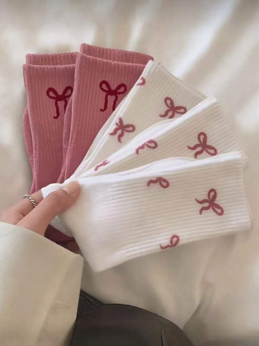 5双随机白色和粉色蝴蝶结装饰中筒袜，女士礼物，休闲，工作，情人节，斋月 - 彩色 - 查看 1