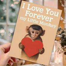 1pc "I Love You Forever My Little Monkey Cute Valentine's Card" Adorable Monkey Greeting Card – Red Heart Design Detail, Sweet Love Card With Envelope, Blank Inside For Personal Notes, Perfect Gift For Partners With Playful Nicknames To Celebrate Warm Bond, Ideal For Valentine's Day, Charming Card Blending Cute Style & Sincere Warmth - Multicolor - View 4