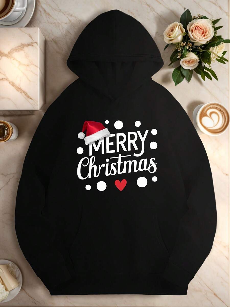 Cozy Plus Size Women-S Hoodie With Geometric Christmas Print Longeeve, Drawstring, Pockets Casual FallWinter Wear,Ight Stretch Fabric - Đen 13 - Xem 1