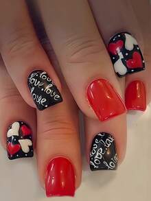 Europejskie krótkie kwadratowe paznokcie, walentynkowy manicure, wysokiej jakości czerwone i czarne błyszczące sztuczne paznokcie z czerwonymi, białymi i serduszkowymi wzorami - Czerwony - Zobacz 8