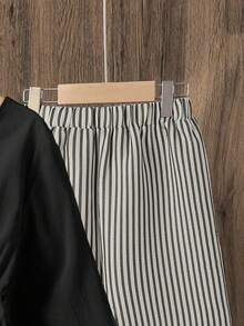 Left Mama 女童休闲蝴蝶结V领长袖上衣和条纹直筒裤两件套，春秋季 - 黑色 - 查看 6