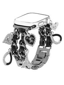 1pc Fashionable Metal Bracelet Band Compatible With Apple Watch Bands 49/46/45/44/42mm 41/40/38mm, Cute Charm Cuban Link Watch Band Suitable For Apple Watch Ultra 3/2/1 Series 10 9 8 7 6 5 4 3 2 SE, Valentine's Day Gift, Mother's Day Gift, Holiday Gift - Daily Wear (Band Only, Watch Not Included) - Black - View 1