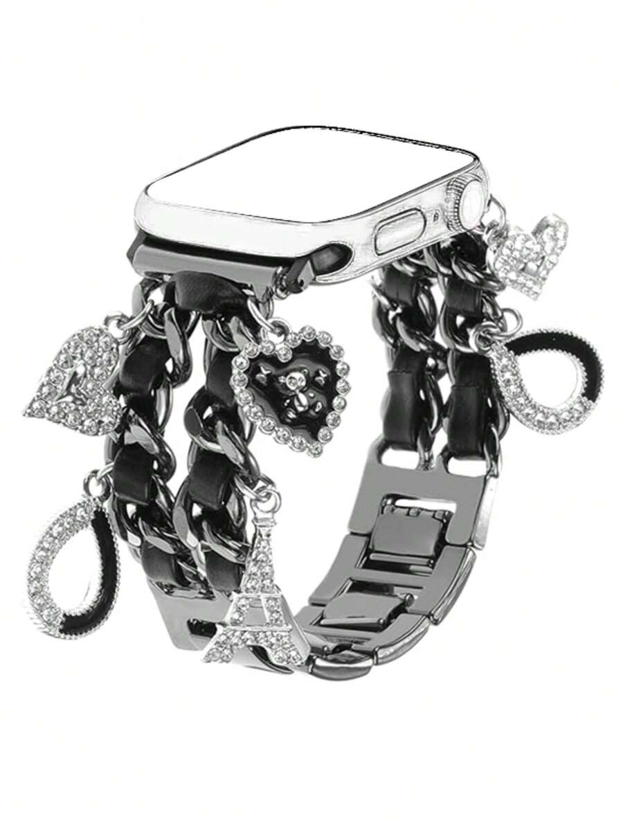 1pc Fashionable Metal Bracelet Band Compatible With Apple Watch Bands 49/46/45/44/42mm 41/40/38mm, Cute Charm Cuban Link Watch Band Suitable For Apple Watch Ultra 3/2/1 Series 10 9 8 7 6 5 4 3 2 SE, Valentine's Day Gift, Mother's Day Gift, Holiday Gift - Daily Wear (Band Only, Watch Not Included) - Black - View 1