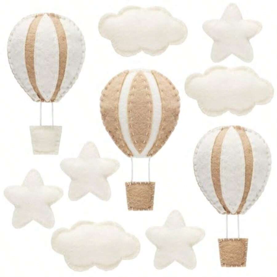 Poen 10 Pcs Star Hot Air Balloon And Cloud Nursery Wall Decor For Bedroom - Mini Felt Clouds Stars Western Decor For Baby Room Khaki - Khaki - View 1