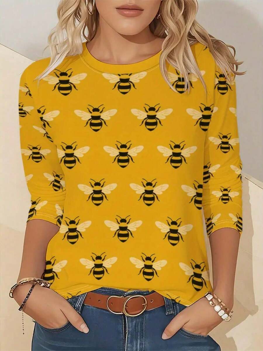 Women'S 3D All-Over Print Bee & Honeycomb Pattern T-Shirt - Soft Long Sleeve Crew Neck Casual Top With Bee Motif, Machine Washable Spring/Fall Outfits, Themed Party Apparel & Casual Attire - Vibrant Yellow & Bee Design, Comfortable Casual To Semi-Fo - 彩色 - 查看 1