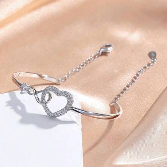 1 pieza Pulsera de corazón hueco de circonita, minimalista y versátil, adecuada para el uso diario y citas