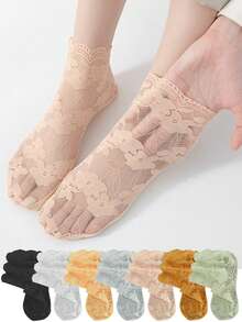 5 Pairs Women Sexy Summer Breathable Elastic Thin Leaves Transparent Lace Invisible Hollow Non-Slip Low Cut Socks - Multicolor - View 7