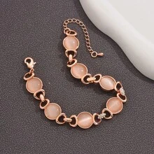 Pulsera simple de piedra ojo de gato chapada en oro real, joyería de lujo ligera retro francesa de alta gama al por mayor para mujeres - Ojo de gato blanco y oro rosa - Ver 4