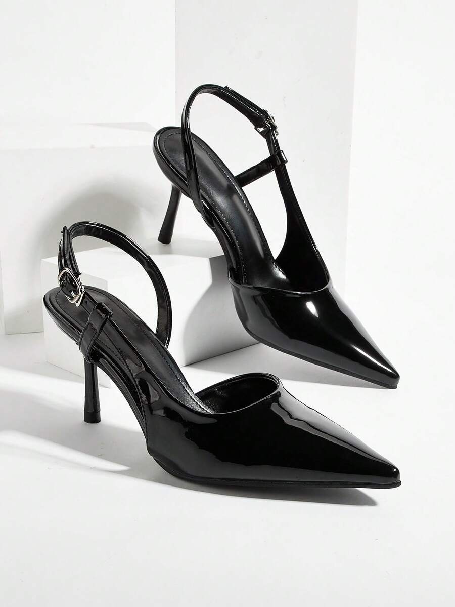 Pointed Toe Slip-On Stiletto Heels, Minimalist Design For Party, Banquet, Office Wear - Black - View 1