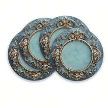 Four-Piece Set Large Round Placemats Baroque Style Turquoise Gold Edge - Elegant Table Mats Decorated With Intricate Gold Leaf Floral Patterns, Luxurious Dining Table Decoration, Suitable For Dinner Parties, Special Occasions, And Daily Use - Multicolor - View 1