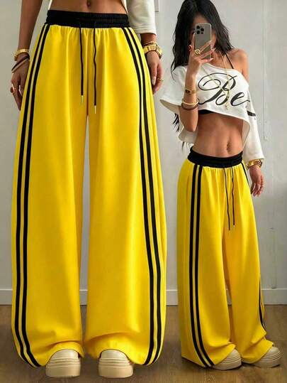 Autumn/Winter New Contrast Color Drawstring Relaxed Casual Pants, American High Waist Straight Leg Side Stripe Pocket Wide Leg Sweatpants Patchwork Slouchy Dance Sports Sweatpants