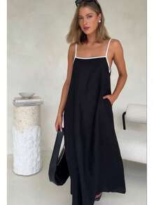 MODA MO, REF H955 Women's Long Dress, Suspender Style, Adjustable Straps, Cotton And Linen, Color Contrast, Casual Dress, Elegant Look, Women's Fashion, Long Skirt, Dress With Straps, Adjustable Straps, Modern Look, Comfortable Fashion, Versatile Style, Summer Dress, Flowing Drape, Lightweight Look, Dress With Personality, Quality Women's Dress, Soft Touch, Modern Design, Practical Piece, Everyday Wear, Relaxed Look, Dress With Perfect Fit, Natural Fabric, Simple Elegance. - 黑色的 - 查看 5