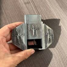 Retro 2-In-1 Crucifix Belt Buckle & Lighter Case - Unisex Gothic Silver Tone Cross Waist Accessory - "In God We Trust" Western Biker Style - Gothic Cross Belt - 查看 5