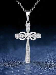 1PC, Eternal And Infinite Love 8-Character Diamond-Encrusted Cross Necklace, Golden Necklace, Girl's Collarbone Chain Accessory - Multicolor - View 13