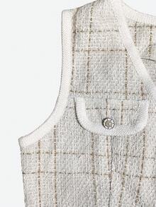 女士时尚无袖格子外套，采用春季格子图案设计，配有腰带和前襟纽扣，适合派对、节日、休闲外出和度假穿着。白色 - 白色 - 查看 8