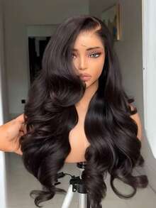 追潮【真人发混纺假发】13X4大面积高清透明蕾丝前长款自然波浪假发，带Bady发丝和预漂白发结，优雅水波纹假发，女士款，13X4蕾丝前高温丝长款自然黑色卷发假发 - 1B# - 查看 1