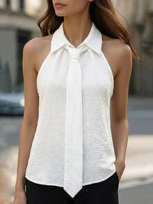 Women's White Crinkle Fabric Tie Collar Elegant Sleeveless Off-Shoulder Blouse, Versatile Summer Top - White - View 4