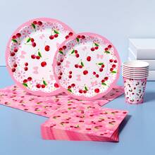 樱花蝴蝶结一次性餐盘、餐巾纸、杯子套装，派对用品，可供8位客人使用，一次性纸盘，派对餐具，适合生日、婚礼、主题派对、家庭野餐等场合。 - 彩色 - 查看 3