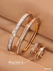 4pcs Stainless Steel Inlaid Shell Plated Gold Bracelet & Ring Set, Waterproof & Fade-Resistant, Suitable For Women's Daily Wear, Holiday Gift - SGS510 Gold - View 16