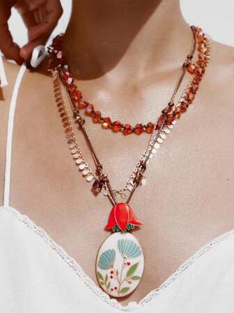 ZAA Beaded Woven Rope Oil Drop Flower Pendant Necklace, Luxurious High-End Creative Design Beaded Woven Rope Alloy Oil Drop Flower Pendant Multi-Layer Necklace, Women