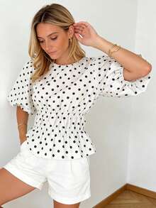Women's Puff Sleeve Tops Fashionable Dot Print Round Neck Cinched Waist Blouse For Casual Daily Wear - trắng - Xem 5