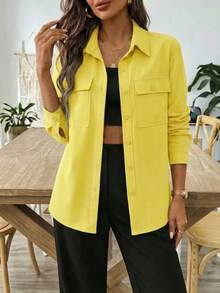 A&DD MODA, REF: AS1933 - Women's Long-Sleeved Shirt-Style Jacket, Solid Color, Casual Mid-Length, Suitable For Everyday Wear And Work. - 黃色 - 查看 3