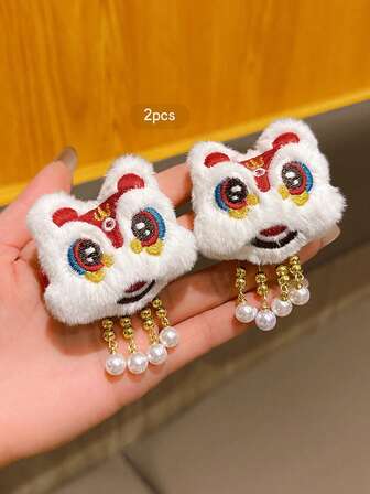2个中国风舞狮铃铛发夹，适合新年庆祝活动