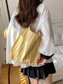 1pc Multi-Color Customized Embroidery Patchwork Striped Shoulder Bag, Fashion Tote Bag With Ruffle Strap, Personalized Bag For Shopping, Commuting, Daily Use, Travel Or Leisure Outing - Multicolor - View 4