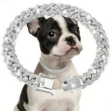1 Set Gold Hiphop Pet Collar - Rhinestone Crystal, 35cm Adjustable Chain, Fashionable Cat/Dog Accessory - Silver - View 1