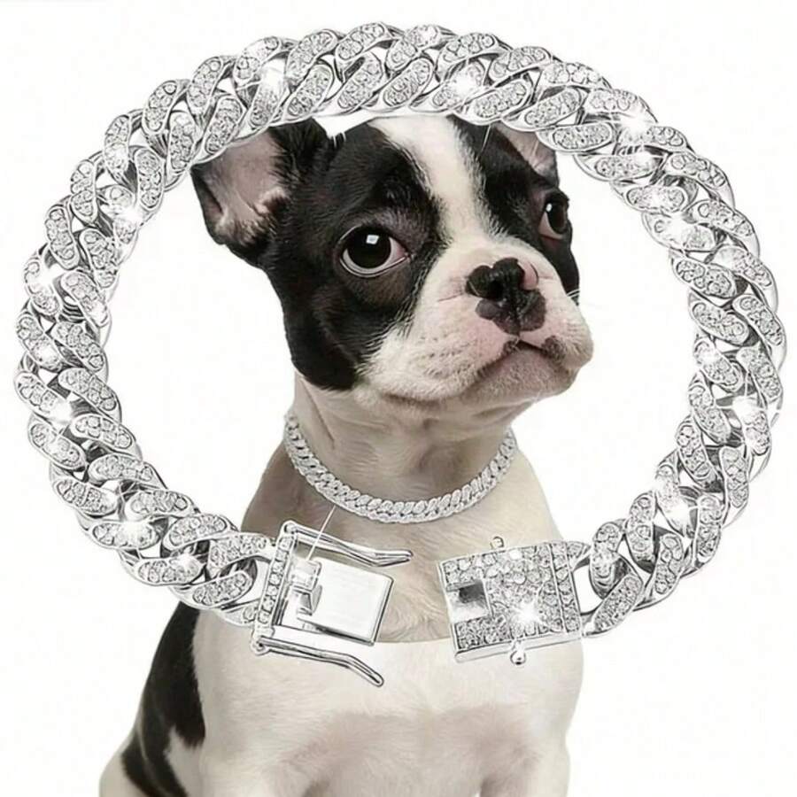 1 Set Gold Hiphop Pet Collar - Rhinestone Crystal, 35cm Adjustable Chain, Fashionable Cat/Dog Accessory - Silver - View 1