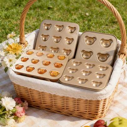 金色4孔、6孔、9孔、12孔3D迷你熊造型玛芬/纸杯蛋糕烘焙模具，饮料蛋糕模具，小熊玛德琳蛋糕烘焙模具，熊头模具，玛德琳蛋糕模具，蛋糕烘焙模具，可爱卡通设计，可食用小熊蛋糕装饰，适合家庭烘焙、生日派对