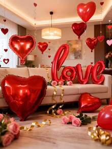 kumozawa 18个心形和“LOVE”字样铝箔气球，求婚主题套装，适用于情人节、母亲节、婚礼装饰，红色，浪漫心形爱心气球，适用于情人节、求婚、婚礼场地装饰 - 紅色 - 查看 2