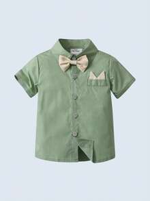 BOARNSEORL Young Boys 2pcs Gentleman Outfit, Green Collared Shirt With Bowtie And Khaki Suspender Shorts, Fashionable And Dashing For Birthday Party, Wedding, Performance - Green - View 6
