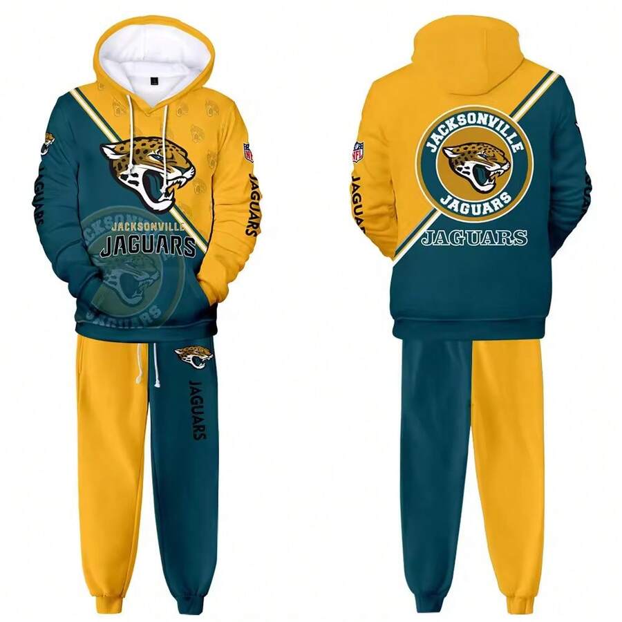 Jackso-Nville-Jaguars Men'S Stylish 3D Lion Print 2pcs Athletic Wear Set - Long Sleeve Hoodie & Joggers, Casual Outdoor & Gym Wear For Spring/Fall, Football Team Pattern Design, Comfortable & Breathable Fabric, Perfect For Comfortable Fit - 彩色 - 查看 1