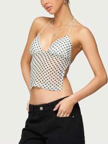 Womens Sexy Backless Halter Top Y2k Polka Dot Print Spaghetti Strap Sleeveless Deep V Neck Tie Back Cami Tank Tops Mesh See Through Camisole Crop Tops Summer Cute Going Out Tops Party Club Beach Vacation Streetwear - 白色 - 查看 4