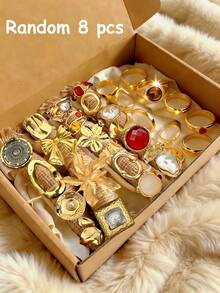 Vintage Elegant Retro Coin Style 3-19pcs Metal Inlaid Colorful Faux Gemstone & Pearl Flower, Bow, Geometric Hollow Multi-Layer Adjustable Ring Set, Personalized Y2K Jewelry Suitable For Women Men Couples, Party, Wedding, Anniversary, Gift